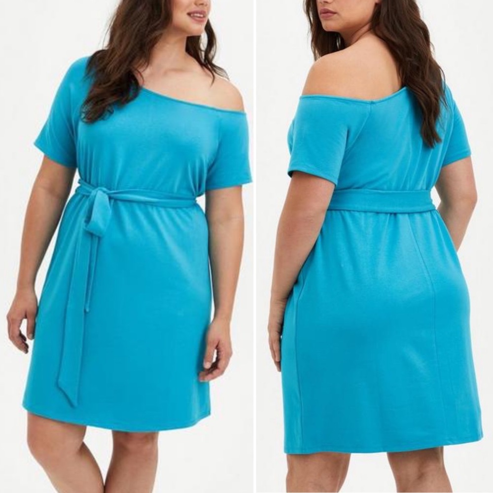 Torrid Mini French Teal Callie Terry Off-Shoulder Tee Shirt Dress
